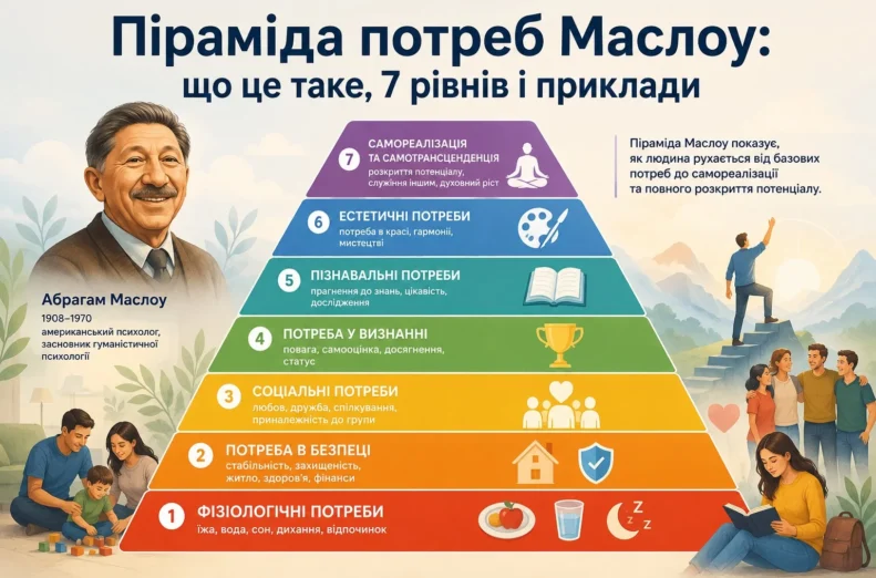 Абрагам Маслоу визначив ієрархію потреб людини від базових, необхідних для життя, до розкриття потенціалу та служіння іншим