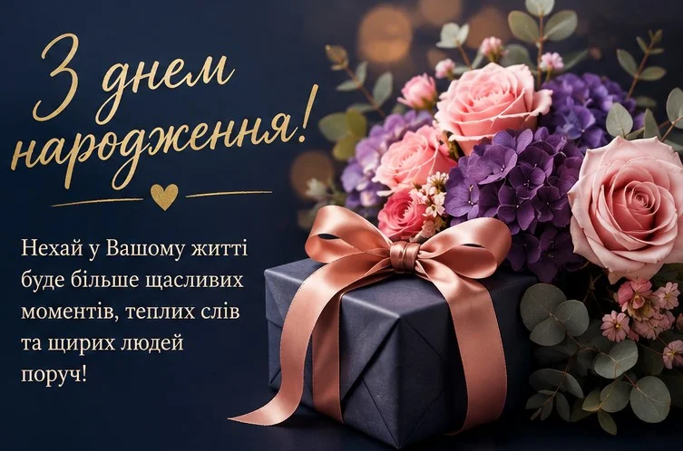 Стильна листівка з квітами, подарунком та щирими словами до дня народження жінки