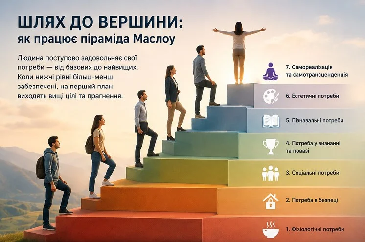 Зміст теорії Маслоу у черговості задоволення потреб: коли не задоволені потреби попереднього рівня, важко перейти на наступний