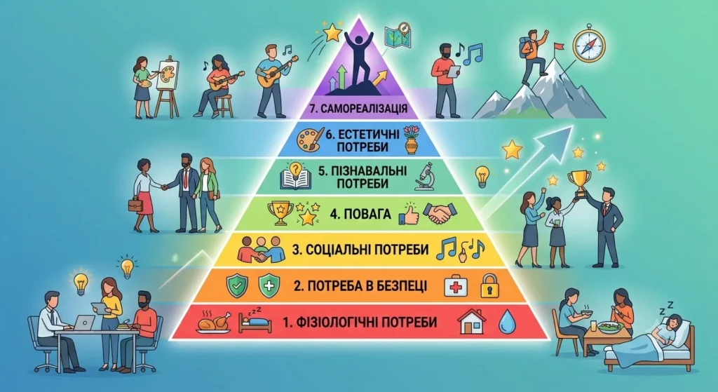 Піраміда потреб Маслоу складається з 7 щаблів: від необхідних для збереження життя до вищих духовних цінностей