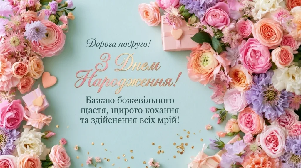 Яскрава листівка з квітковим малюнком та привітанням для подруги