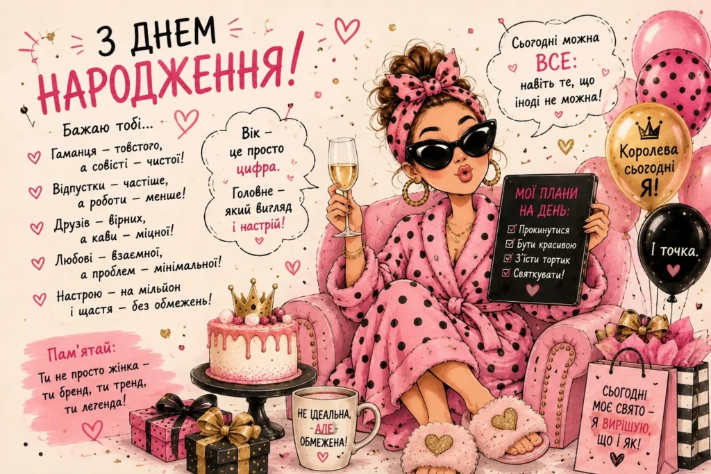 Прикольна листівка з веселими побажаннями та додатковими жартами на жіночу тематику