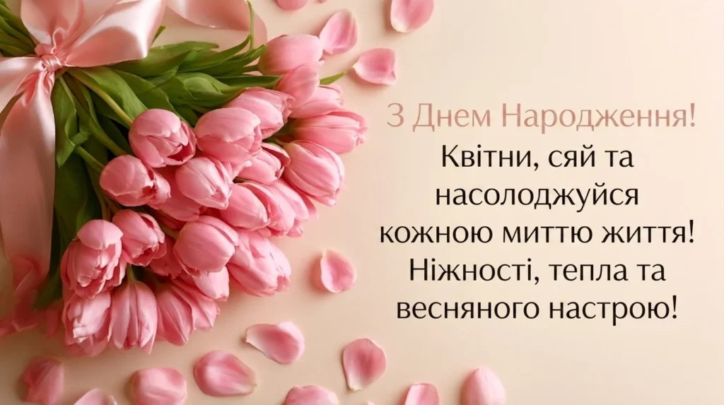 Ніжна листівка з букетом рожевих тюльпанів та привітанням для весняної іменинниці