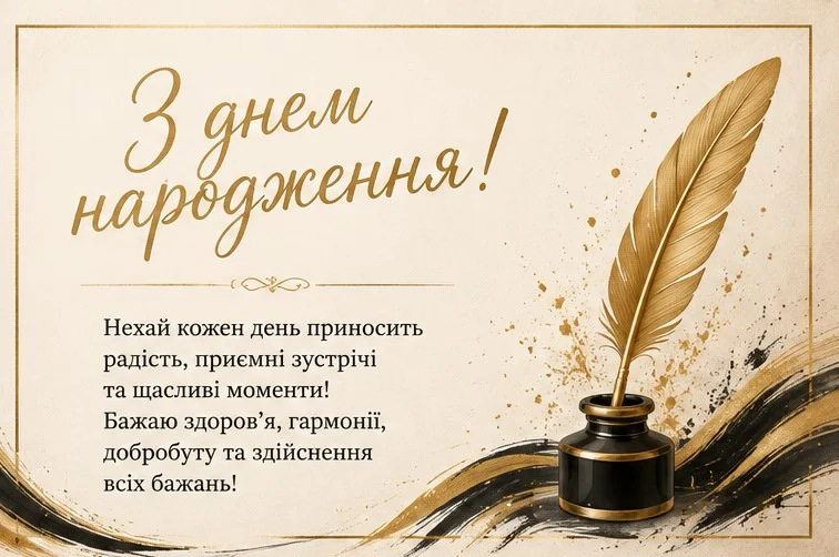 Стримана листівка з зображенням пера у чорнильниці та універсальним привітанням, що чудово підходить для жінки, з якою ви в офіційних стосунках