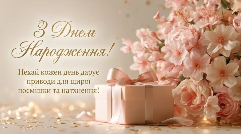 Пастельна рожево-персикова листівка з лаконічним привітанням, квітами та подарунком