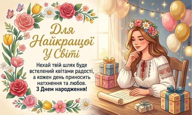 Листівка з українськими мотивами, квітковим оздобленням, подарунками, кульками та дівчиною у традиційному вбранні