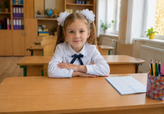 дівчинка сидить за партою в школі