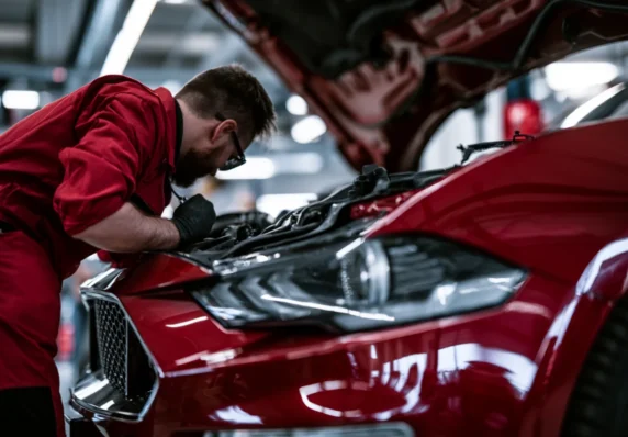 Механік у червоній робочій формі оглядає двигун червоного авто