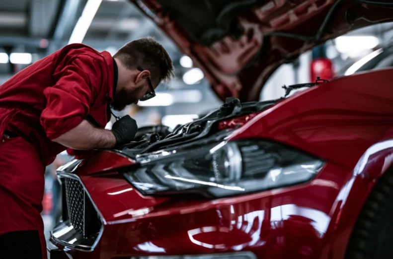 Механік у червоній робочій формі оглядає двигун червоного авто