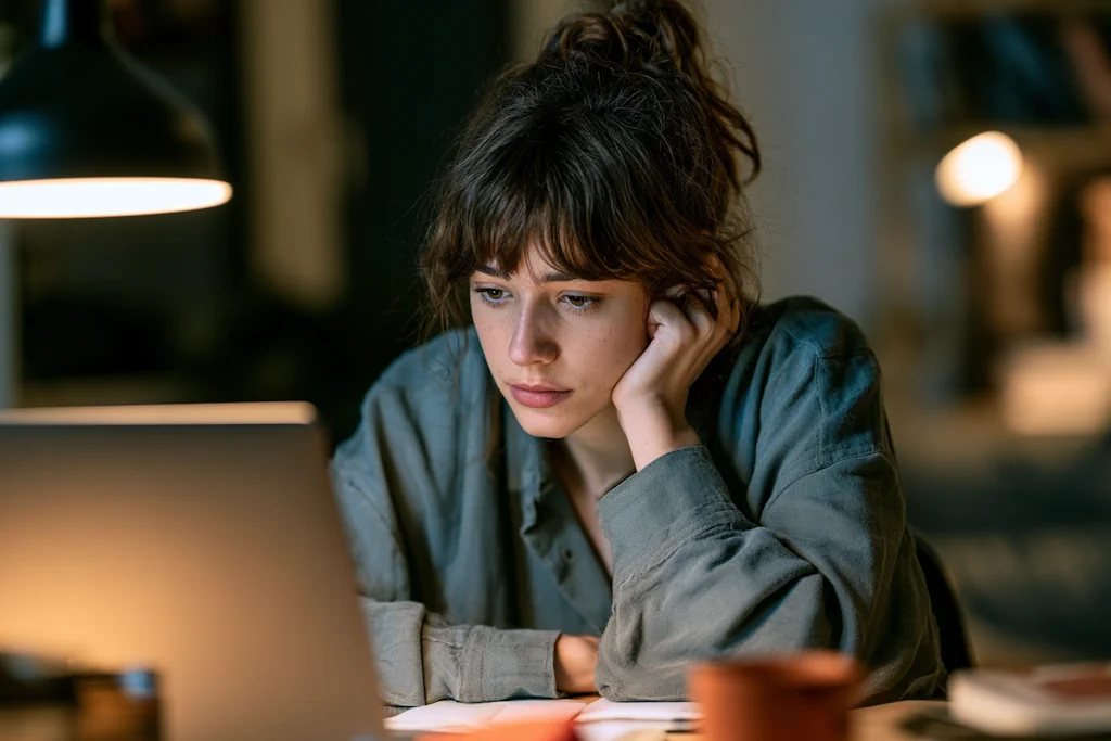 Дівчина зосереджено дивиться в ноутбук