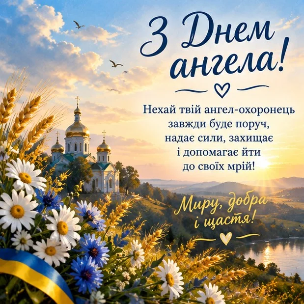 Листівка з пейзажем із православним храмом, пшеничним полем, польовими квітами та синьо-жовтою стрічкою