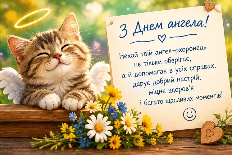 Листівка з милим кошеням з крилами ангела та німбом, ромашками та привітанням