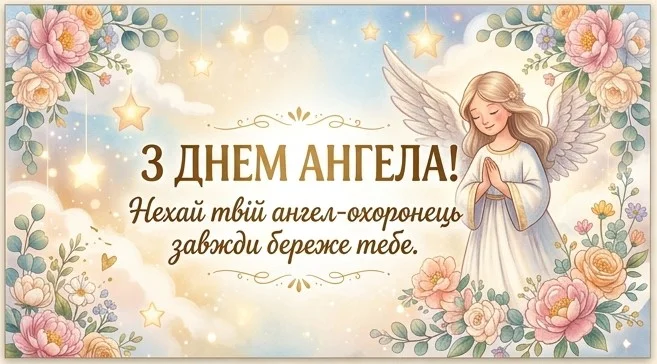 Листівка у пастельних тонах з молящимся ангелом серед квітів та зірок