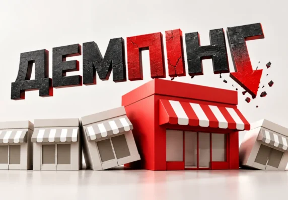 Напис демпінг і зображення великого та маленьких магазинів