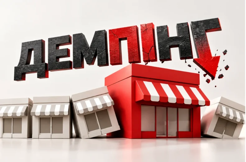 Напис демпінг і зображення великого та маленьких магазинів